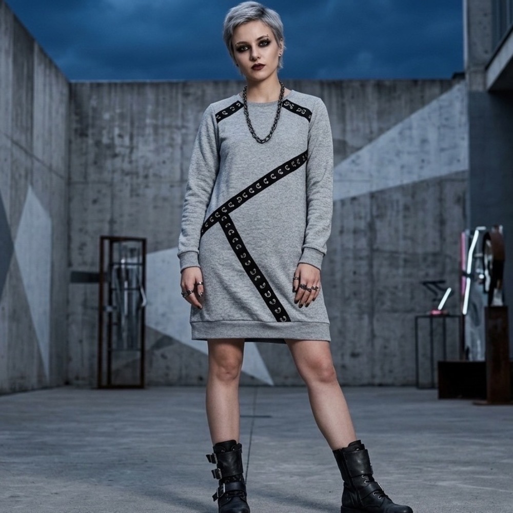 Vintage Y2K Punk Grunge Unique Pierced Quilted Long Sleeve Cozy Sweatshirt Dress